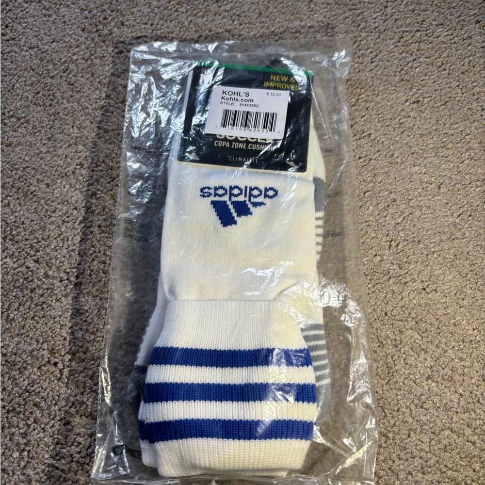 adidas White & Blue Crew Athletic Socks with Stripes